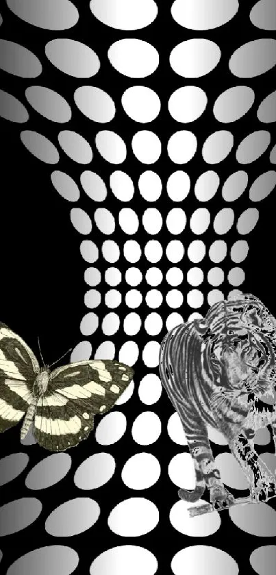 Monochrome tiger and butterfly in abstract design on mobile wallpaper.