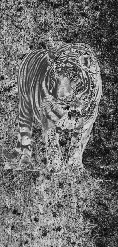 Monochrome textured tiger art wallpaper in shades of grey with striking detail.