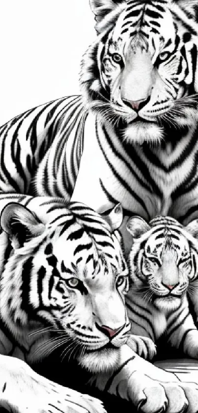 Monochrome art of a tiger family against a white background.