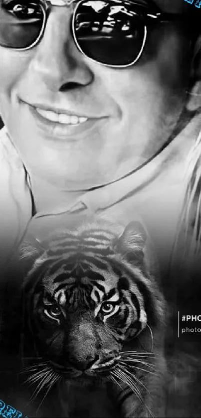 Monochrome tiger portrait on phone wallpaper.