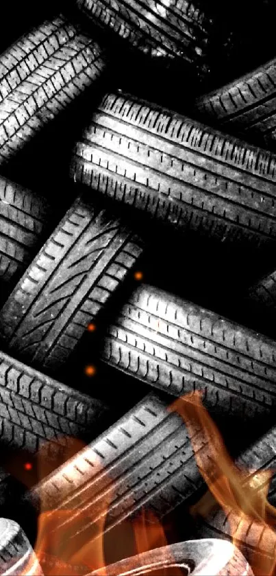 Monochrome wallpaper of stacked tires in black and white theme.