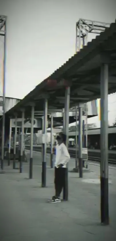 Monochrome train station with a person waiting.