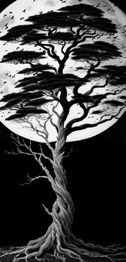 Silhouetted tree against a full moon background in monochrome design.