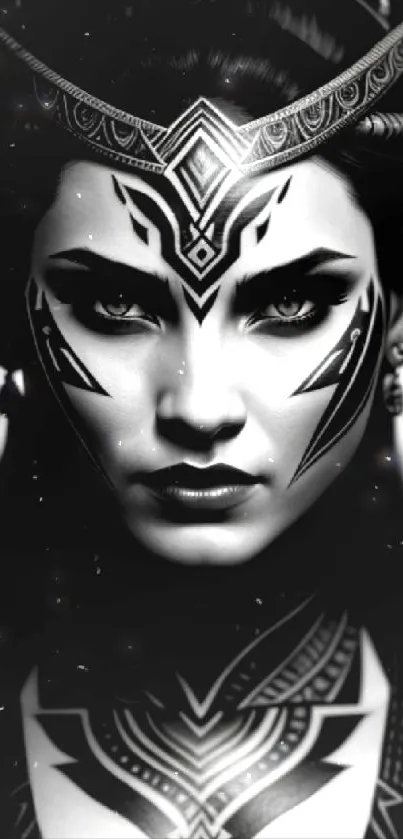 Monochrome portrait with tribal art patterns.