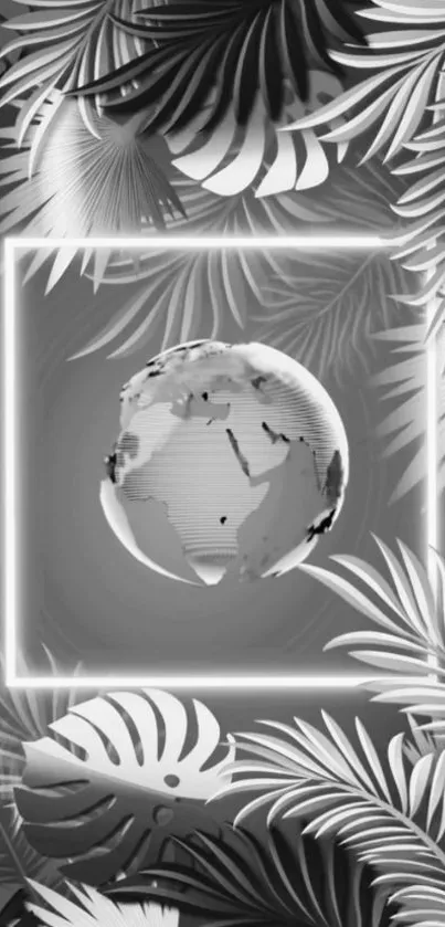 Monochrome wallpaper of a 3D globe surrounded by tropical leaves.
