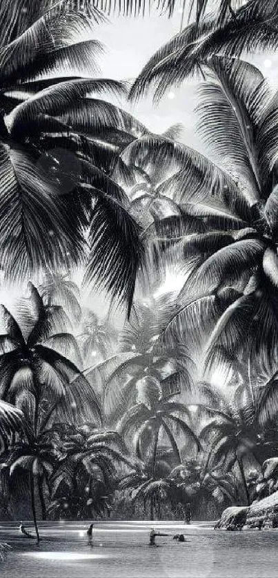 Black and white palm trees over a tranquil water scene.