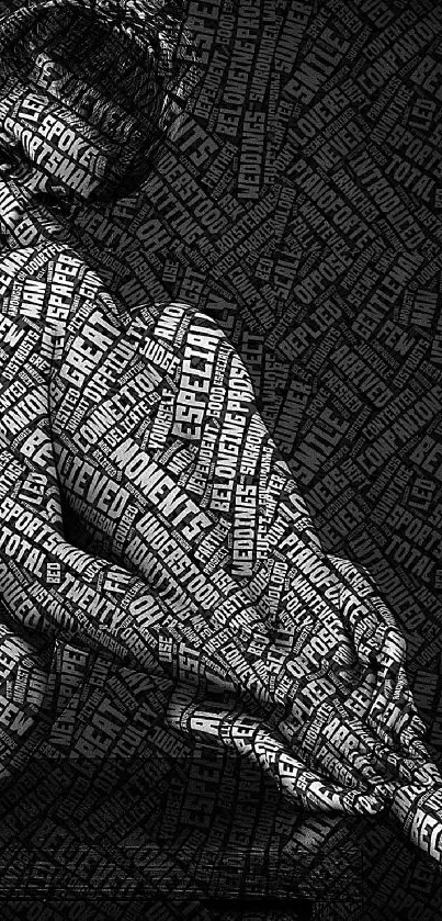 Black and white typographic art wallpaper featuring intricate word patterns.