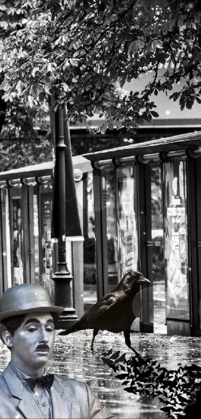 Monochrome street scene with a statue and bird in focus.