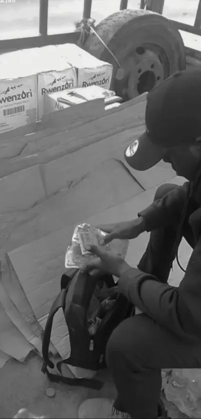 Monochrome image of a man organizing belongings in an urban setting.