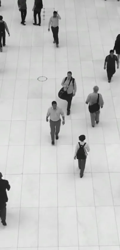 Black and white urban scene with people walking on a tiled floor.