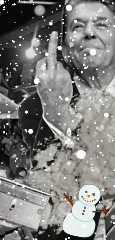 Monochrome wallpaper with snowman and vintage style imagery.
