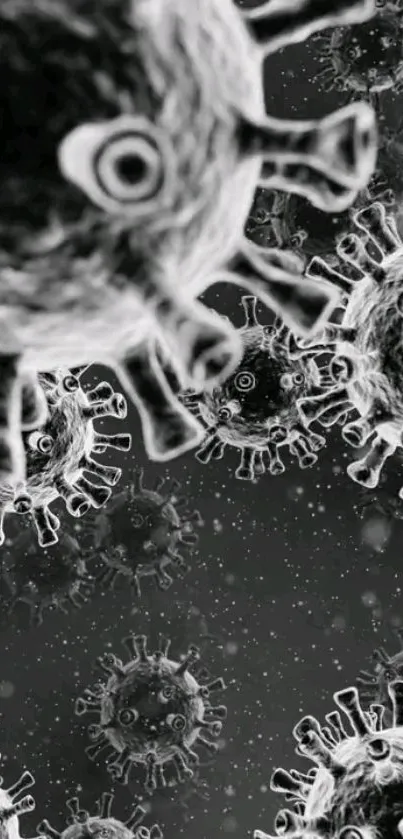 Black and white virus-like structures in a detailed artistic design.