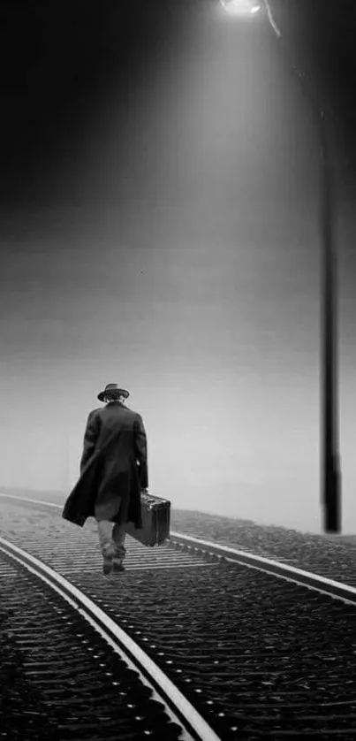 Monochrome wallpaper of a lone traveler under a streetlight on train tracks.