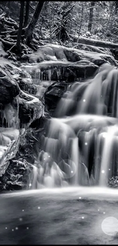 A serene monochrome waterfall flows elegantly in a tranquil, natural setting.