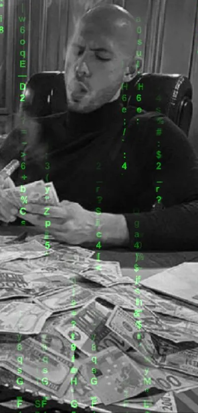 Man counting money with cigar in monochrome style.