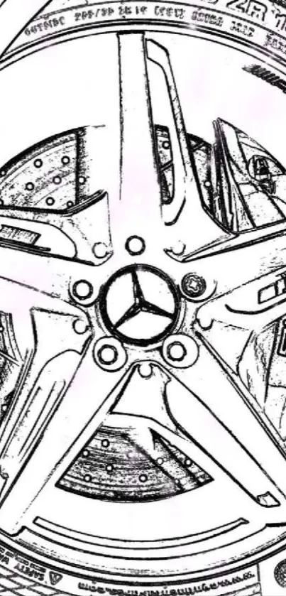 Monochrome sketch of a detailed car wheel design.