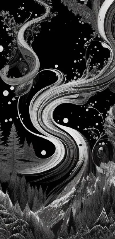 Monochrome abstract forest wallpaper with swirling dreamlike patterns.