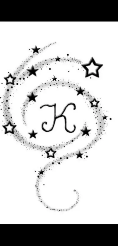 Black and white wallpaper with swirling stars and a monogram 'K' design.