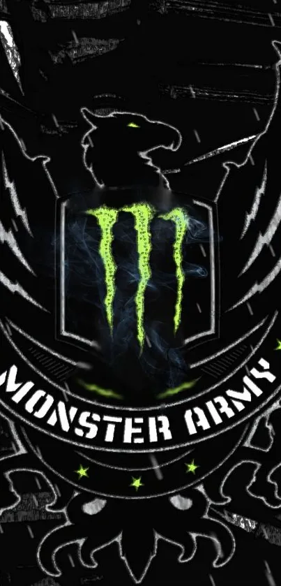 Monster Army emblem with dark background and neon highlights.