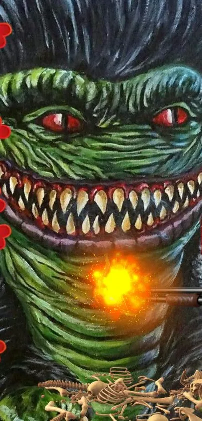 Grinning green monster with red hearts and a flame burst.