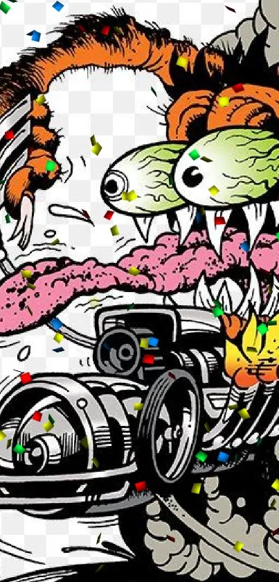 Cartoon monster driving a fiery car in vibrant colors on a mobile wallpaper.