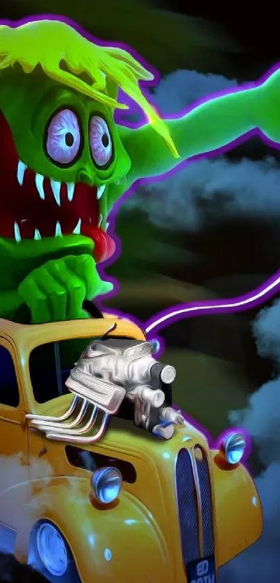 Green monster driving a yellow car in a vibrant fantasy art design.