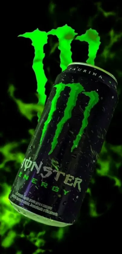 Monster Energy drink can with neon green effects and dark background.