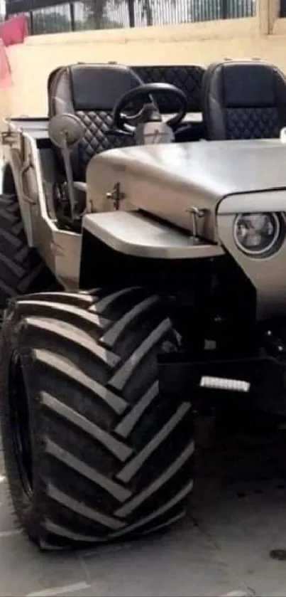 Modified monster jeep with oversized tires.