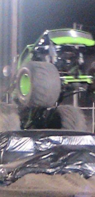 Monster truck performing a high jump with vibrant lime green accents.