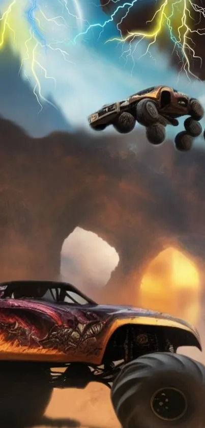 Monster trucks in an electrifying landscape wallpaper.