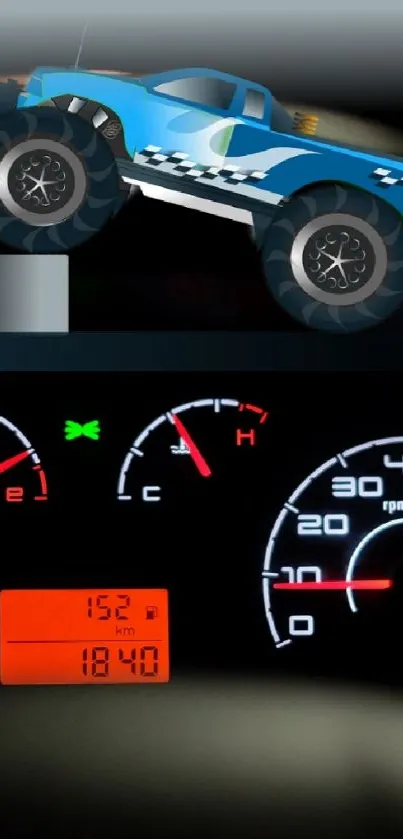 Blue monster truck over a car dashboard with speed gauges.