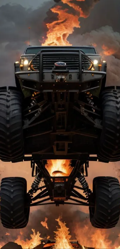 Monster truck jumps through flames with a dark, smoky background.