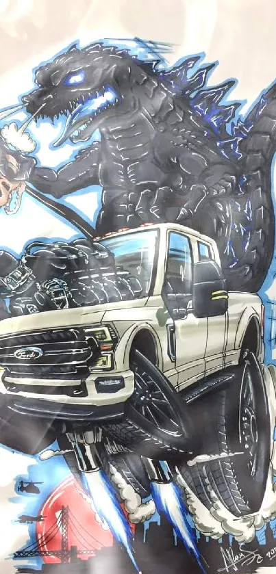 Godzilla riding a monster truck with blue highlights.