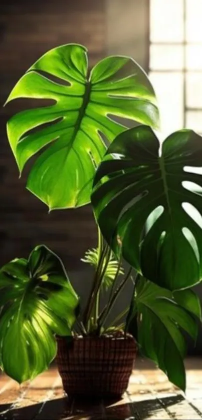 Mobile wallpaper of a green monstera plant with sunlight.
