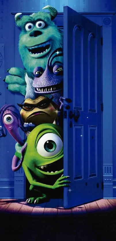 Colorful monsters peeking from a door in a vibrant wallpaper.