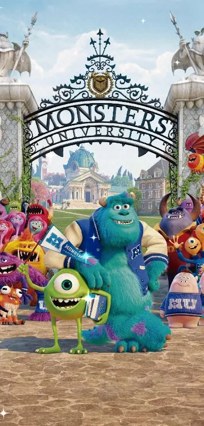 Monsters University characters at campus gate in vibrant colors.