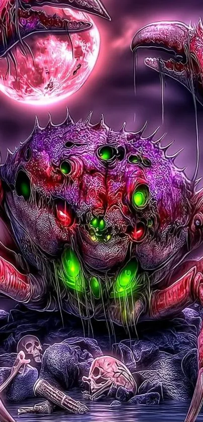 Monstrous crab with glowing eyes under a haunting moonlit sky.
