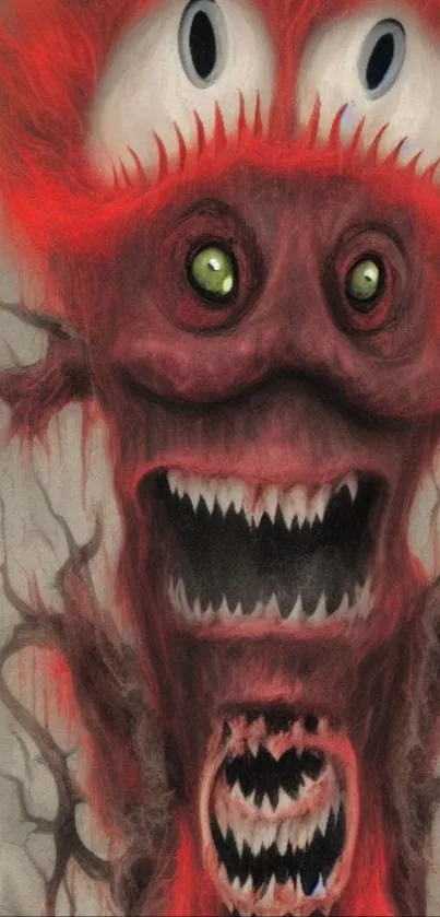 Monstrous red abstract creature with surreal eyes and teeth on mobile wallpaper.