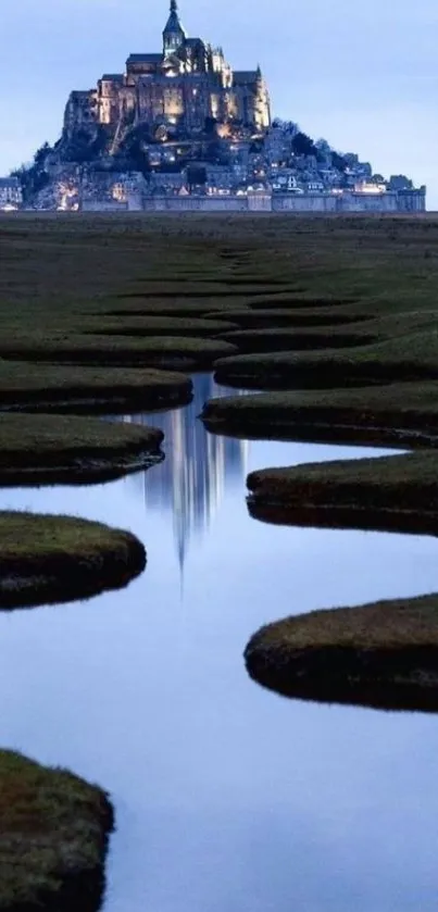 Island castle reflecting in serene waters.