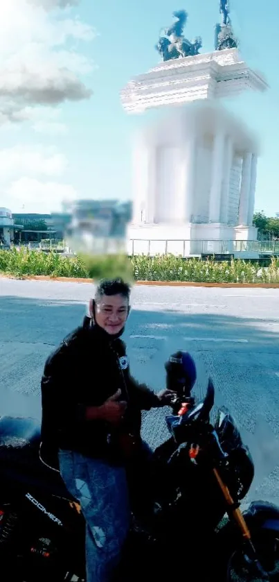 Man on motorcycle in front of monument with clear sky.