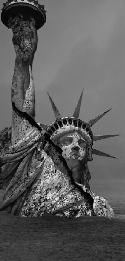 Monochrome statue submerged in stormy waters scene.