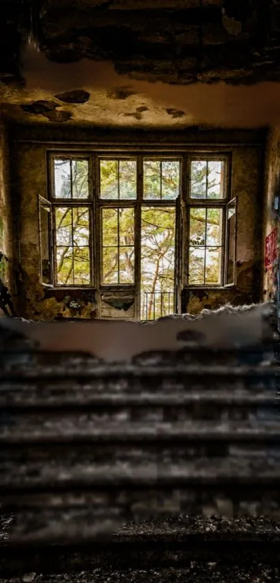 Abandoned staircase with open windows casting light and shadows.