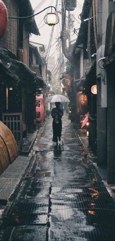 Person with umbrella in moody alley street scene with lanterns.