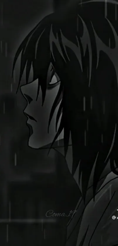 Dark anime character silhouette in rain, moody art style.