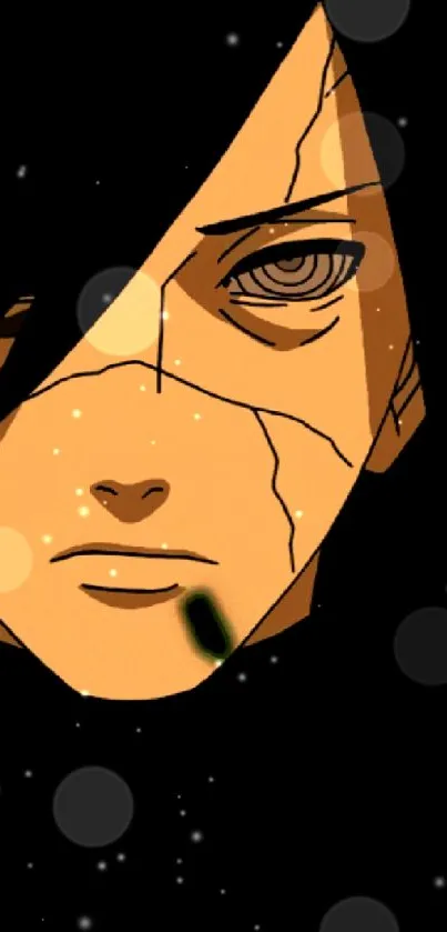 Moody anime character with dark tones and cracked skin in close-up portrait.