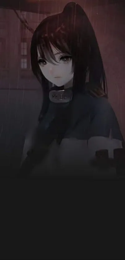 Anime girl standing in the rain with a dark background.