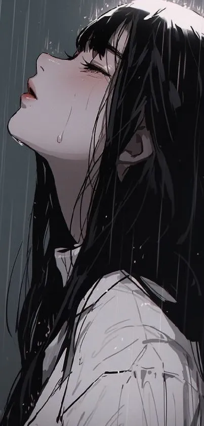 Moody anime girl in rain mobile wallpaper.