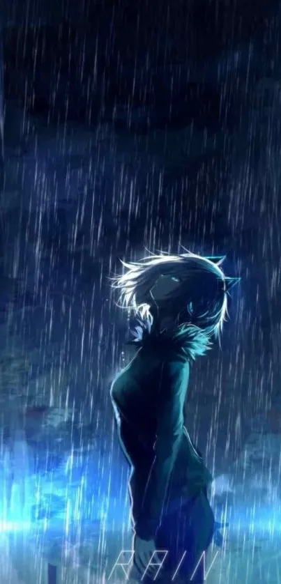 Anime character stands in rain with dark and moody blue hues.