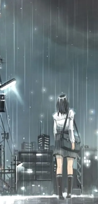 Anime character on a rainy street with dark, moody urban surroundings.