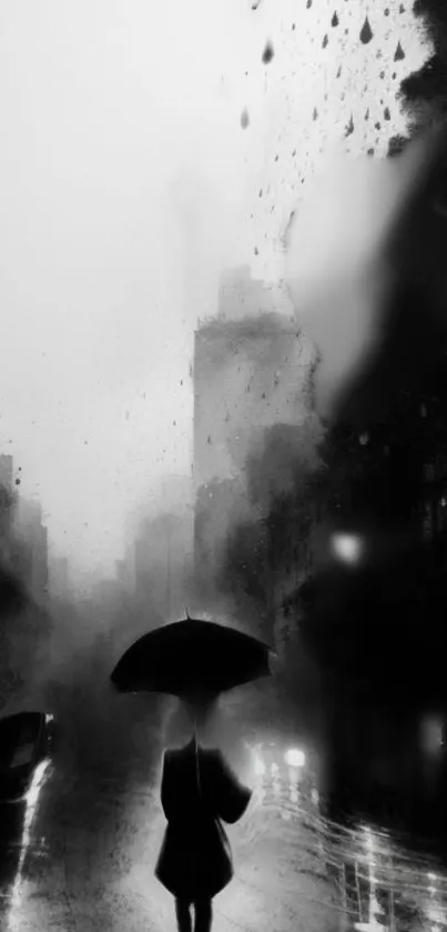 Black and white cityscape with umbrella in rain.